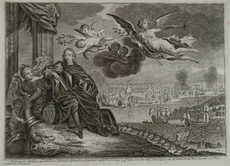 CHATHAM. - Aftekening der schilderije op't te Dordrecht geplaatste gedagtenisse van de overwinning by Chattam, in't jaar 1667, onder't beleid van Kornelis de Wit, ruwaard van Putten.